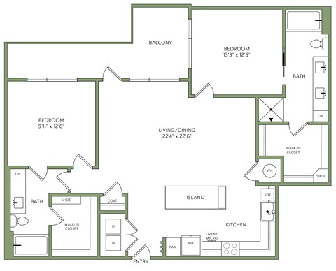Floor plan for 2 beds, 2 baths, 1265 sqft